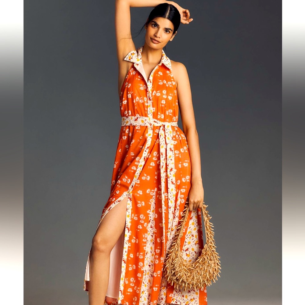 Anthropologie Maeve Halter Godet Coral Floral Sleeveless Dress size Medium NWT